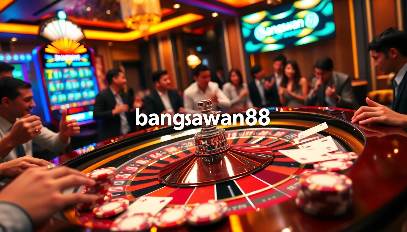 A lively casino scene featuring the excitement of gambling at a roulette table, associated with bangsawan88.