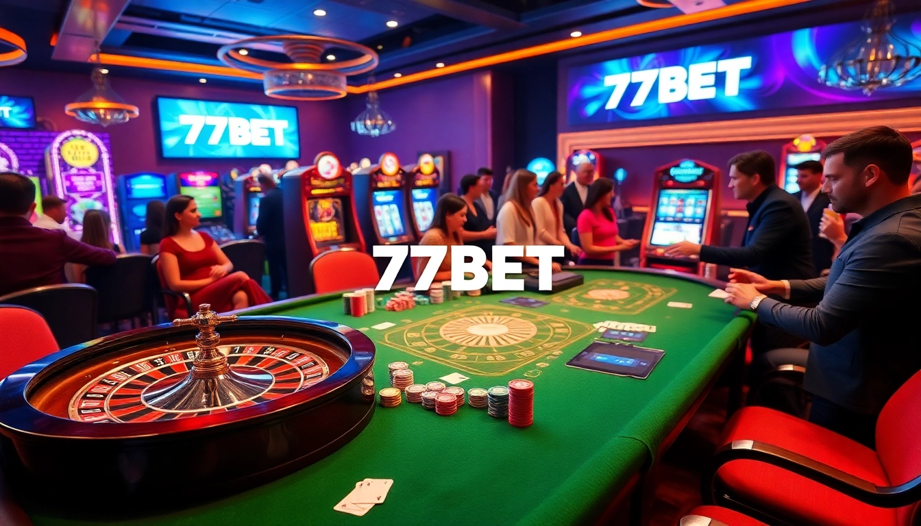 Engaging scene featuring players enjoying games at a casino with 77BET branding.