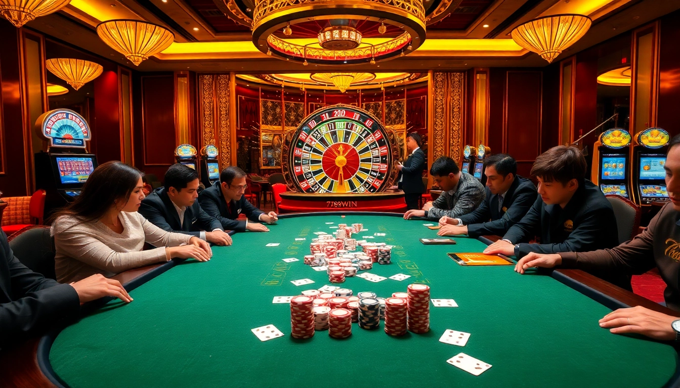 Experience excitement with 789WIN at a luxury poker table with vibrant casino elements.