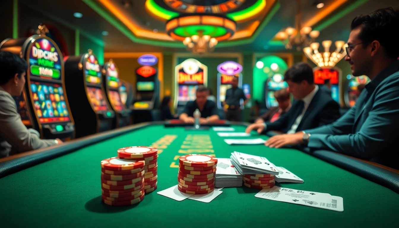 Experience the excitement of OPEN88 casino with poker chips and vibrant slot machines.