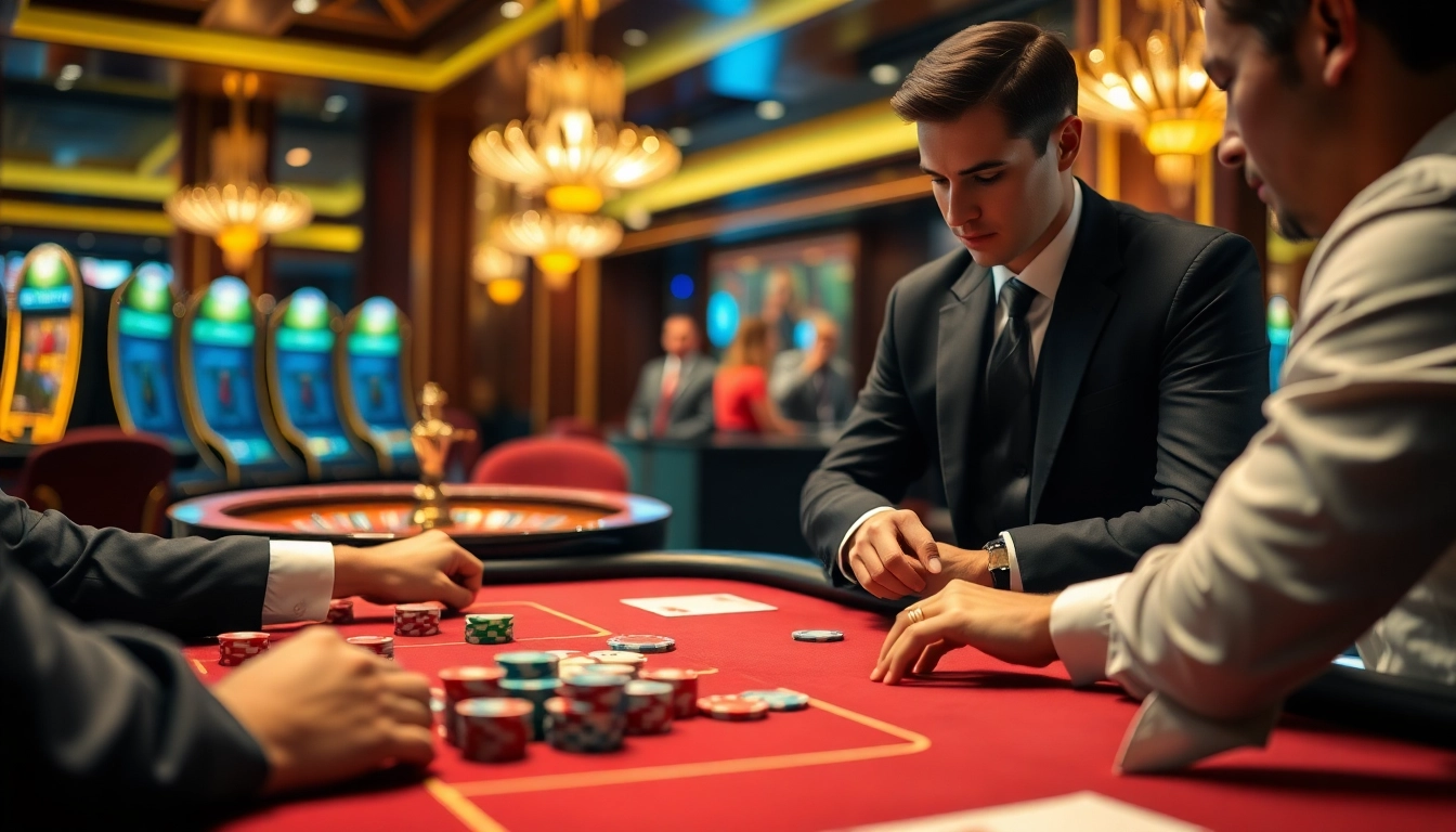 Experience high-stakes poker action at https://net88na.com, showcasing professional players and vibrant casino chips.