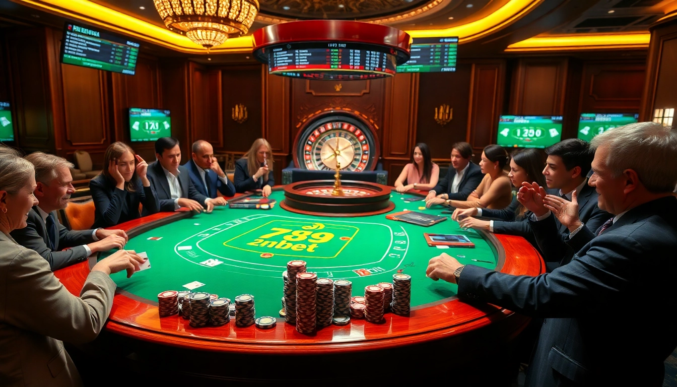 A vibrant scene with a 789bet gaming table set for an exciting poker game, showcasing players immersed in action.
