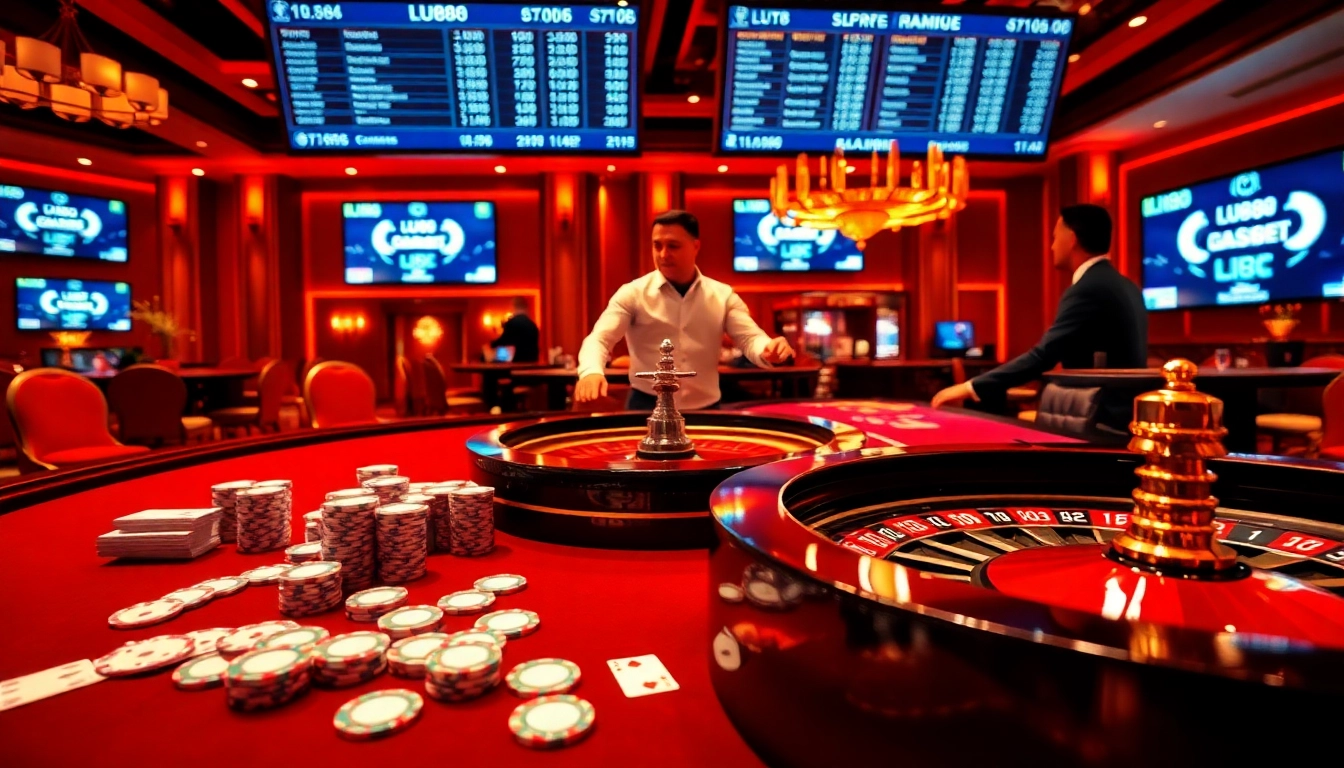 Engage in thrilling gameplay with LU88's immersive betting experience at https://lu88.soccer/ featuring poker chips and a roulette wheel.