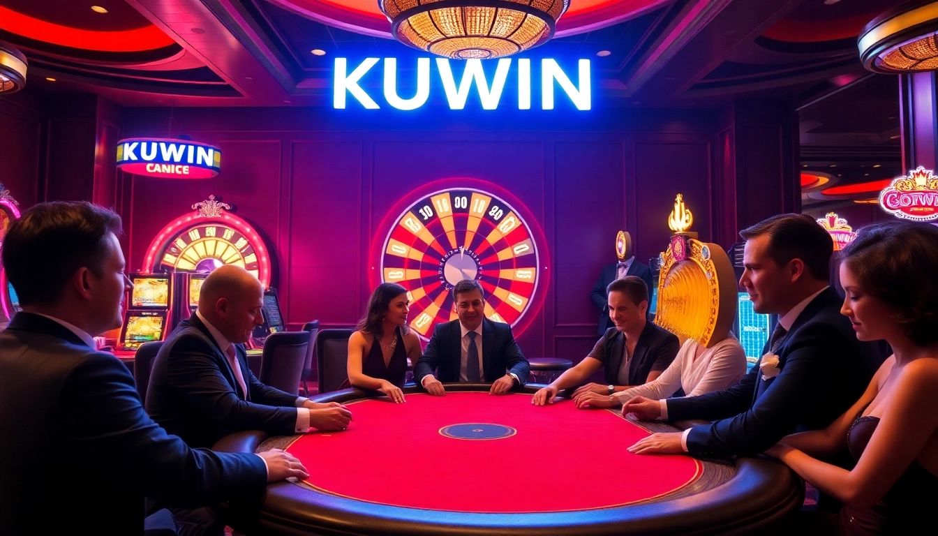 Engaging in high-stakes poker at a luxurious KUWIN casino table with vibrant slot machines.