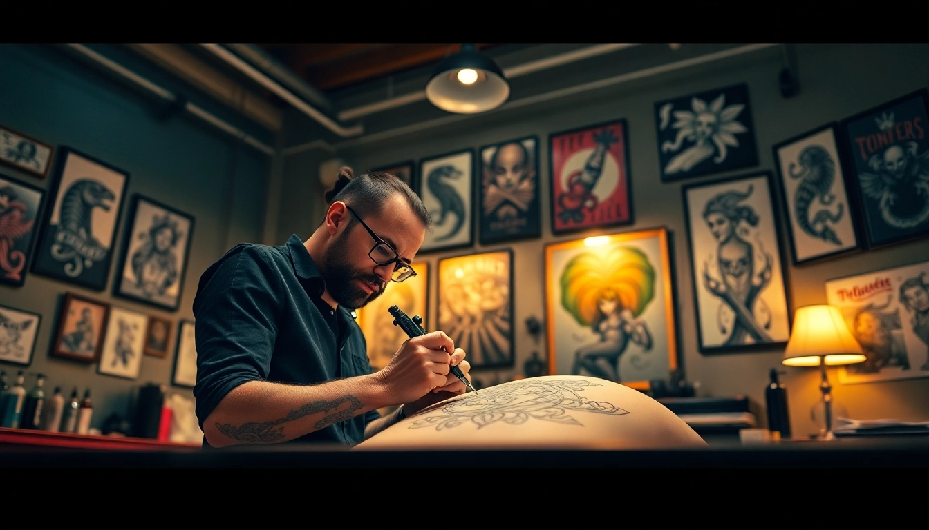 Creative tattoo artist in action at https://89bet.tattoo/, showcasing intricate designs in a vibrant parlor.