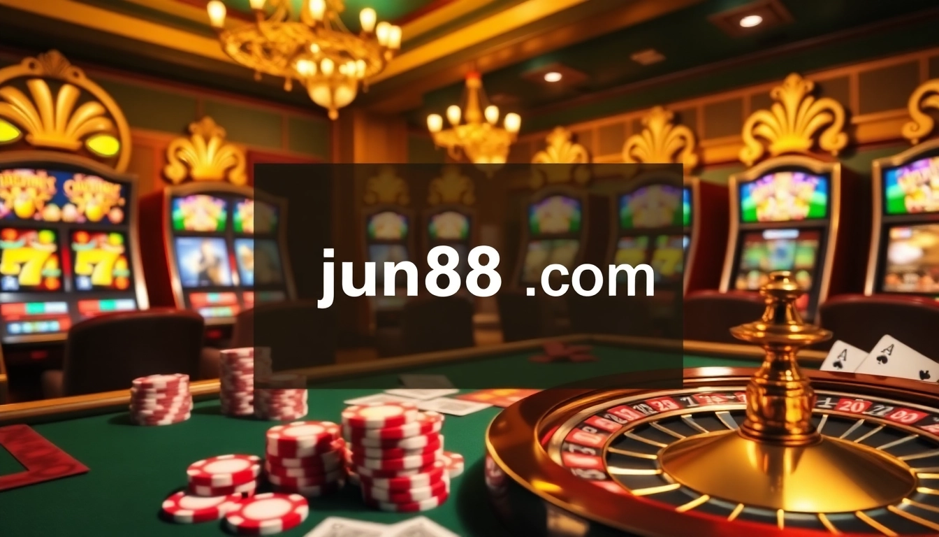 Players engaging in thrilling online gambling at jun88 com with vibrant cards and roulette wheel.