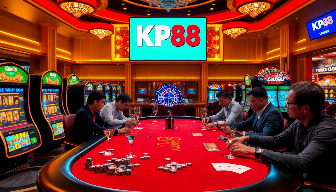 Engaged players at KP88's vibrant poker table in a luxurious casino setting.