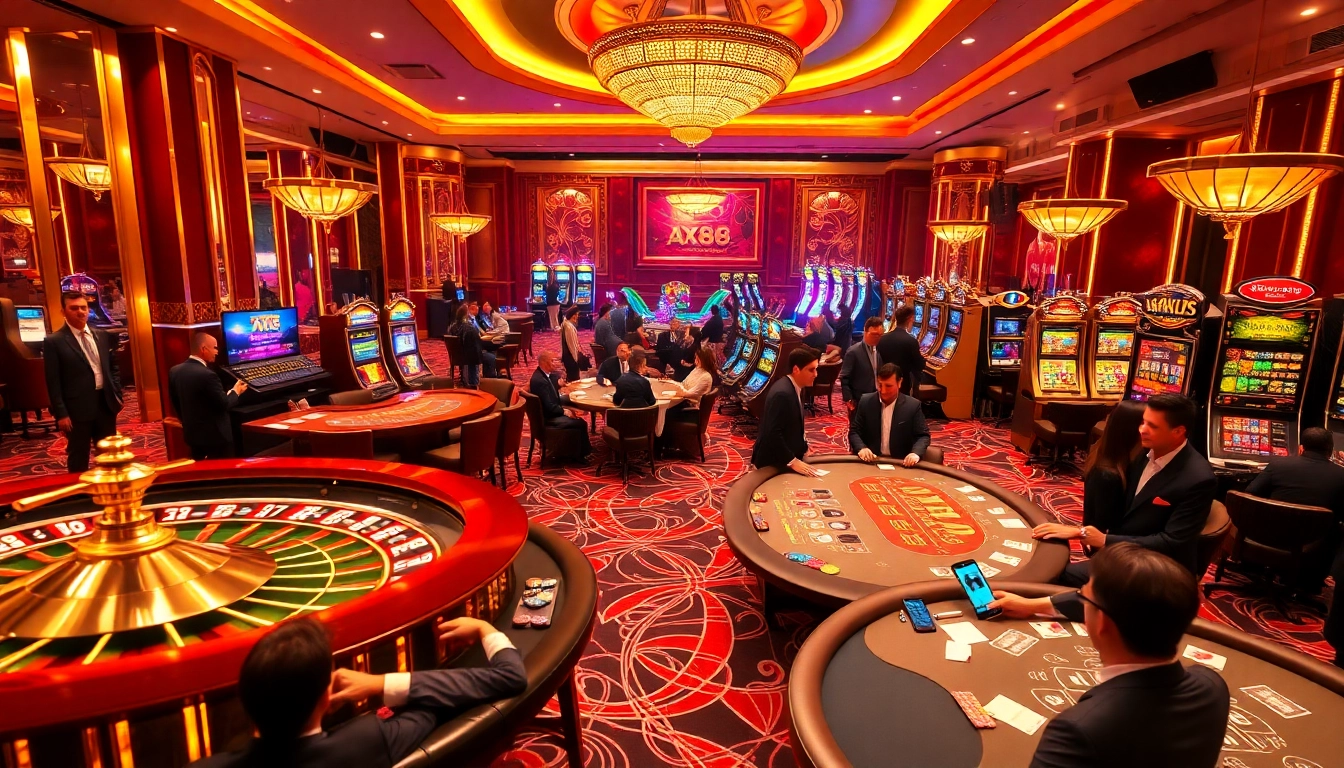 Experience the thrill of winning at ax88 with vibrant casino tables, roulette wheels, and excited players.
