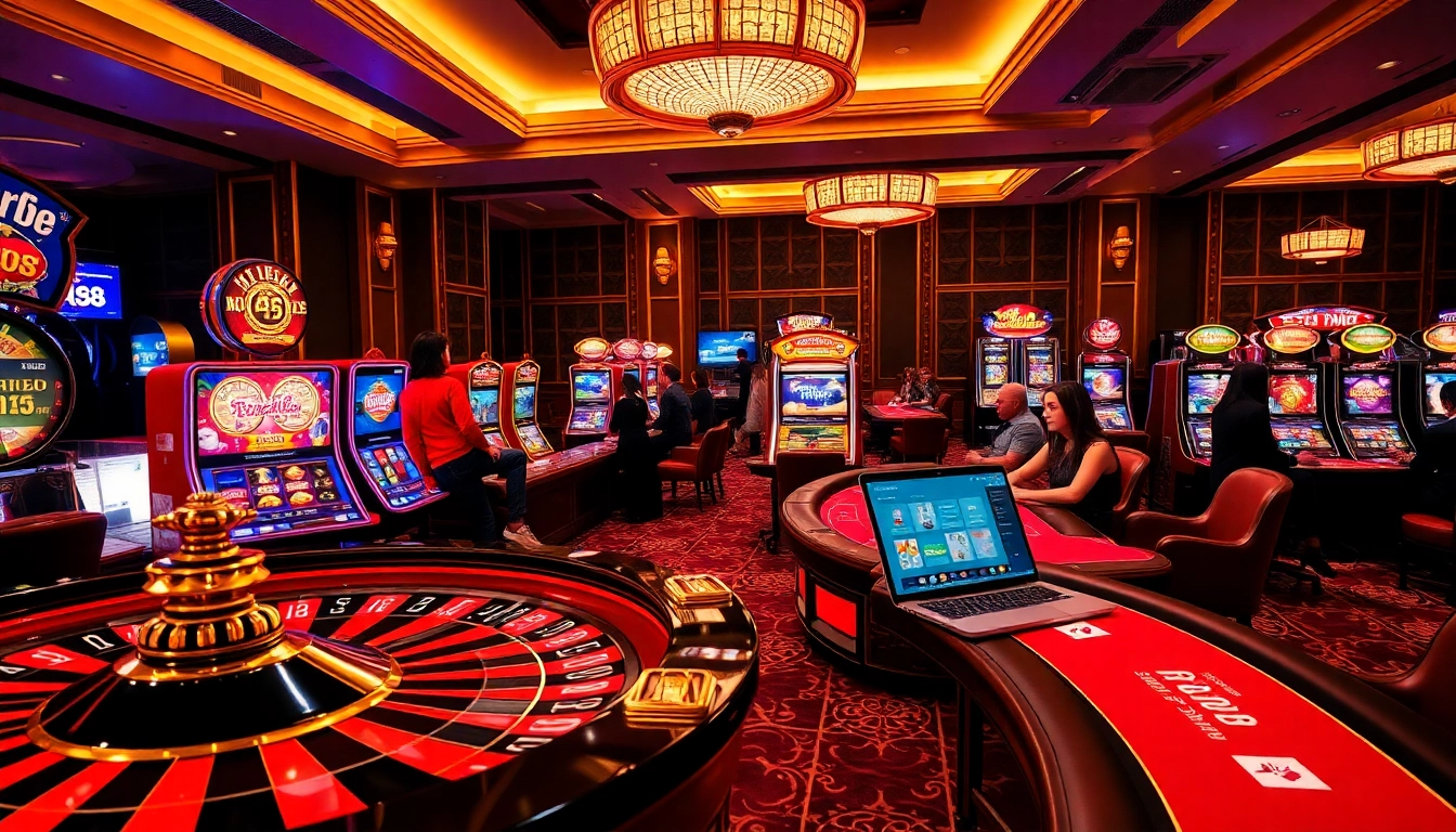 Players enjoying games at RR88 casino, featuring slots and roulette wheels in a luxurious setting.