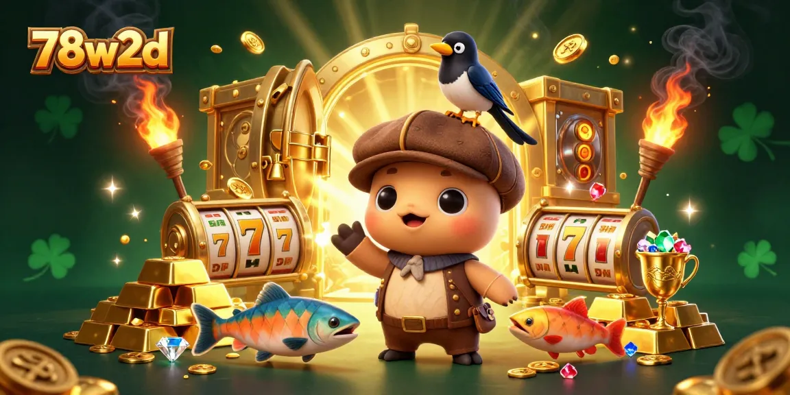 Engage with 78w2d's exciting casino scene featuring adorable characters, slot elements, and shimmering treasures.