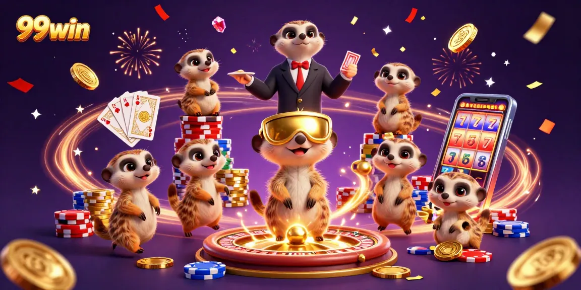Experience thrilling gameplay with 99win's vibrant meerkat casino scene featuring card dealers and rich game elements.