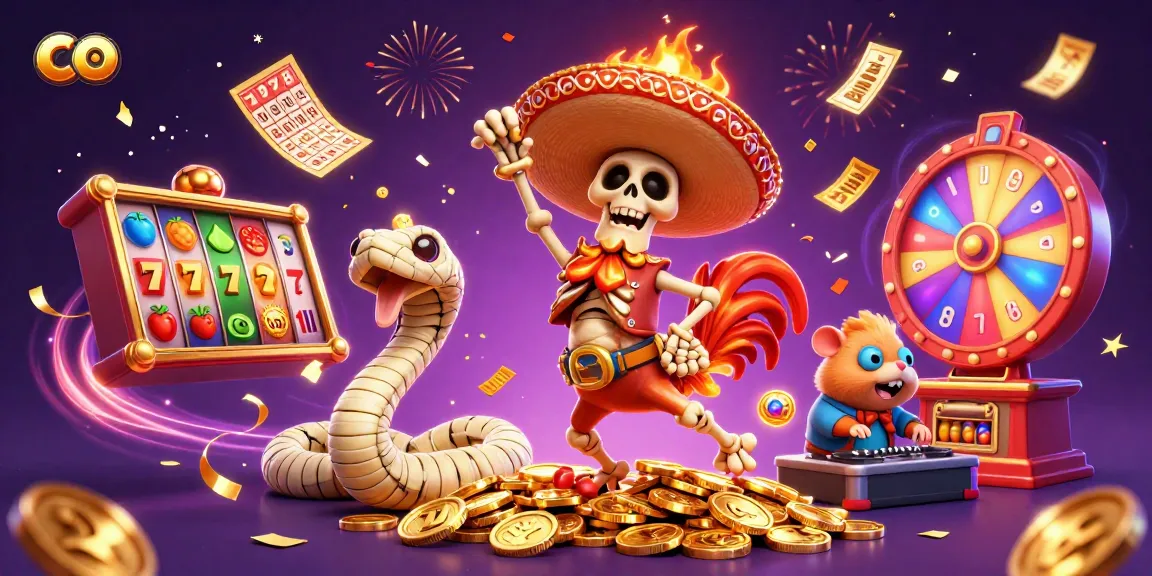 Engaging co-themed casino illustration, showcasing vibrant 3D characters and slot elements.