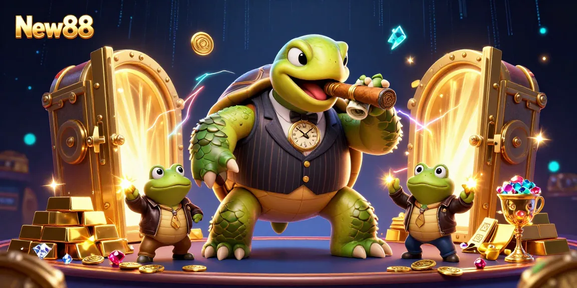 Experience thrilling gaming adventures at New88 with cartoon characters and rich casino elements.