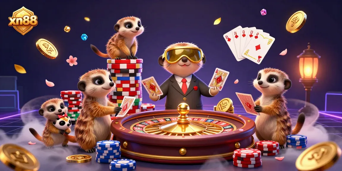 Experience the excitement of xn88 as meerkats run a dynamic casino with spinning roulette wheels and golden coins.