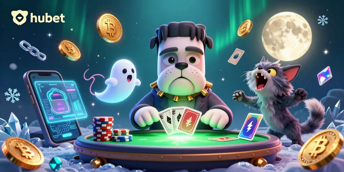 Grateful players enjoy card games at hubet, surrounded by crypto coins and vibrant casino elements.