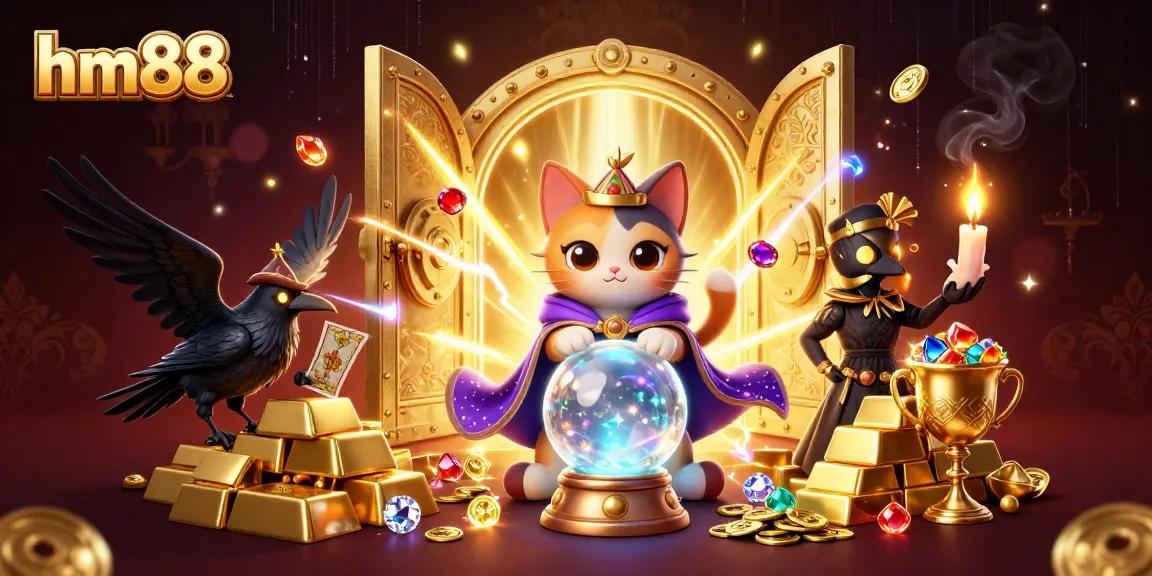 Experience the magic of hm88 as the mystic cat and raven bring fortune amidst treasures in a vibrant casino scene.