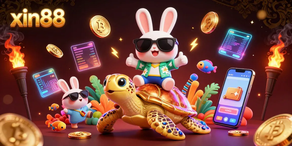 Experience thrilling wins at xin88, with a lucky rabbit and golden sea turtle amidst vibrant gaming elements.