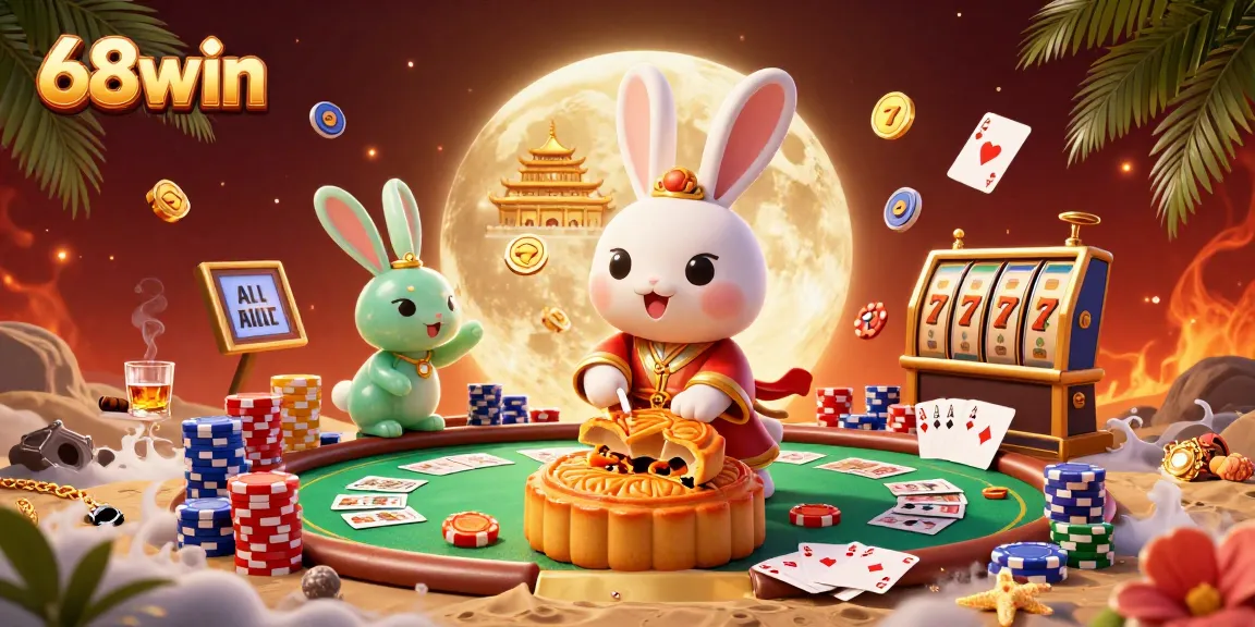 68win showcases lively moon rabbits playing poker amidst vibrant casino elements.