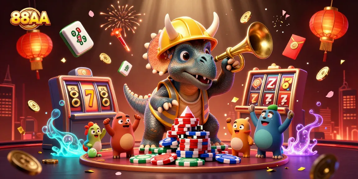 88AA casino scene featuring a triceratops stacking poker chips with vibrant lucky elements celebrating wins.