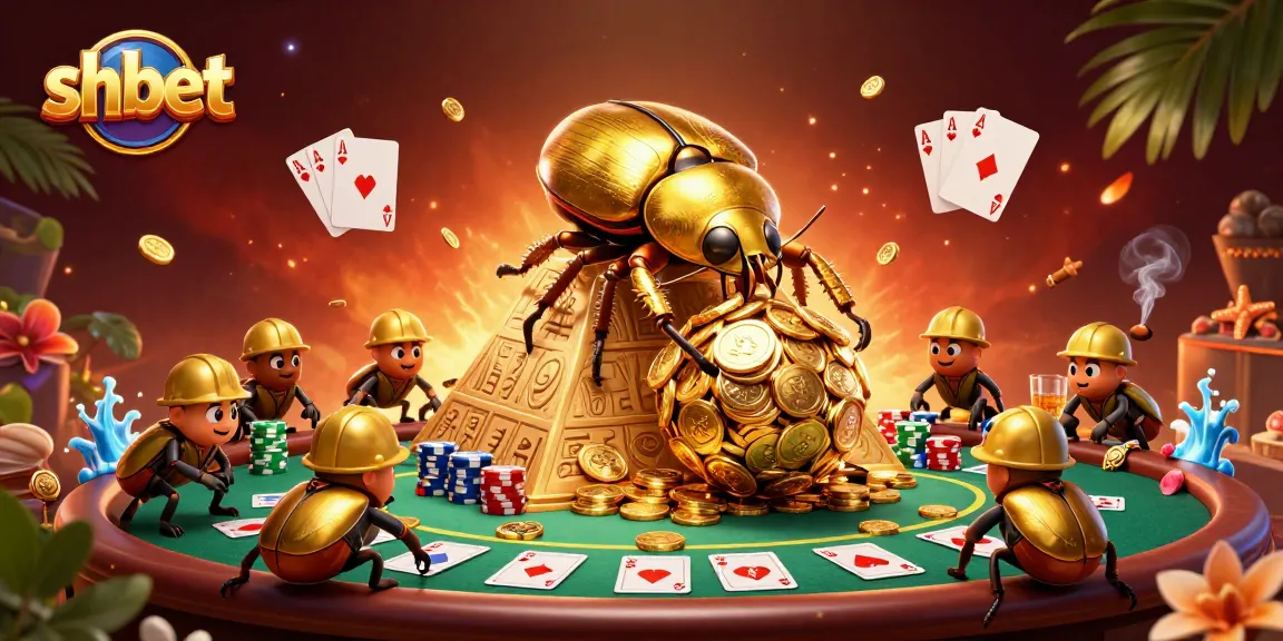 Experience excitement with shbet in a detailed casino scene featuring a golden beetle and poker elements.