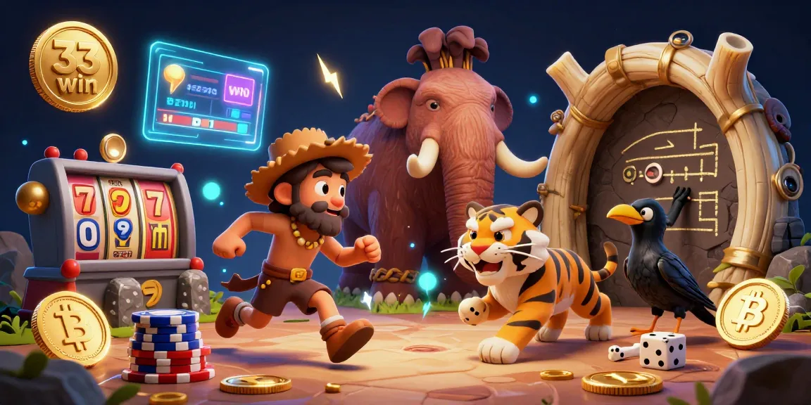 Bet big at the 33 win casino with a vibrant caveman and tiger duo amidst blockchain elements.