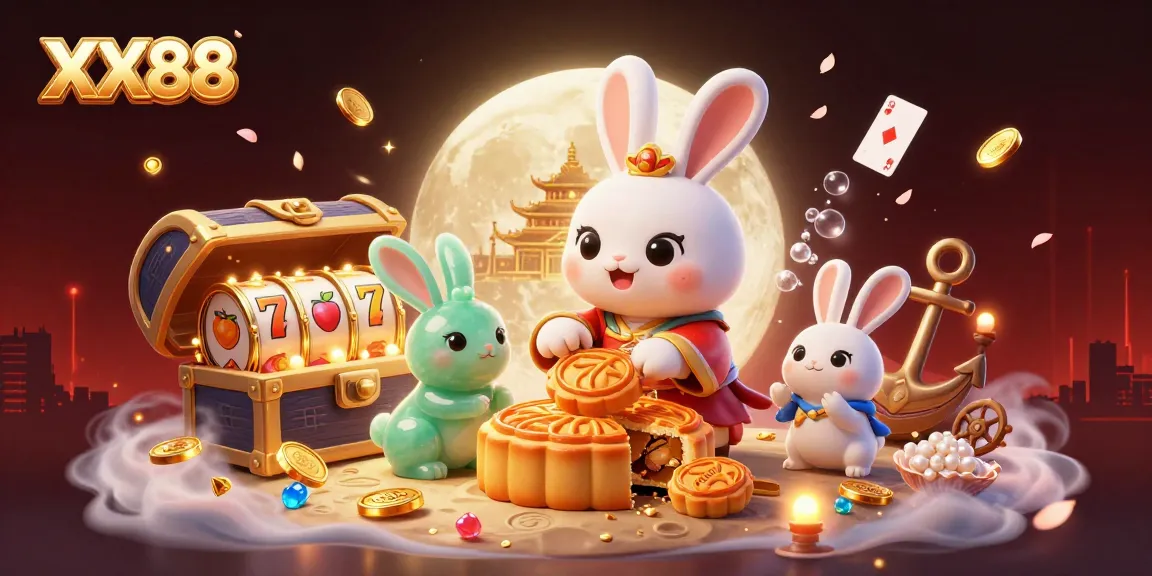 Experience thrilling action at XX88 with luck and fortune surrounding a moon rabbit in a vibrant casino scene.