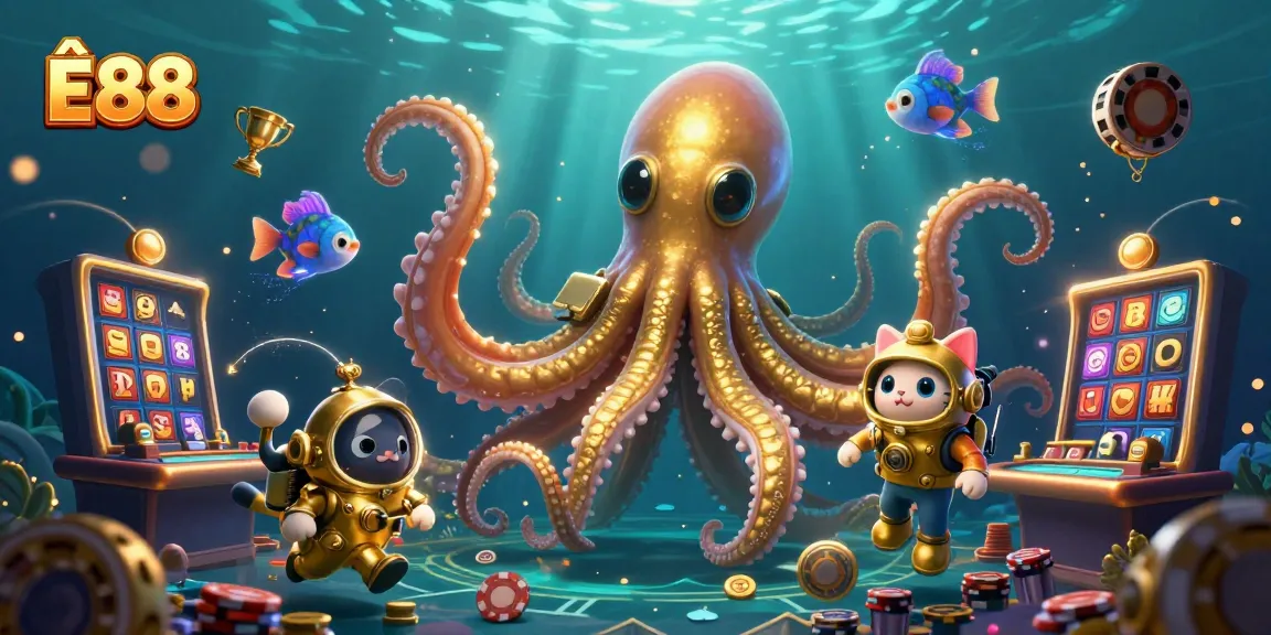 Experience the thrill of gaming with Ê88 featuring kraken and jackpot elements in a vibrant underwater scene.