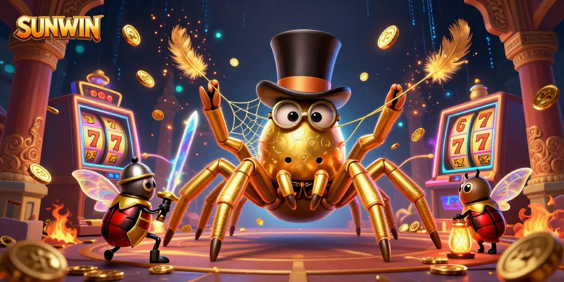 SUNWIN showcases a dynamic golden tarantula and beetle knight amidst vivid slot reels and gold coins