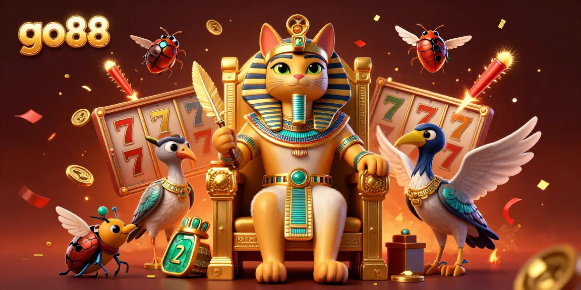 Engage with go88's vibrant gaming scene featuring a cat pharaoh and slot elements.