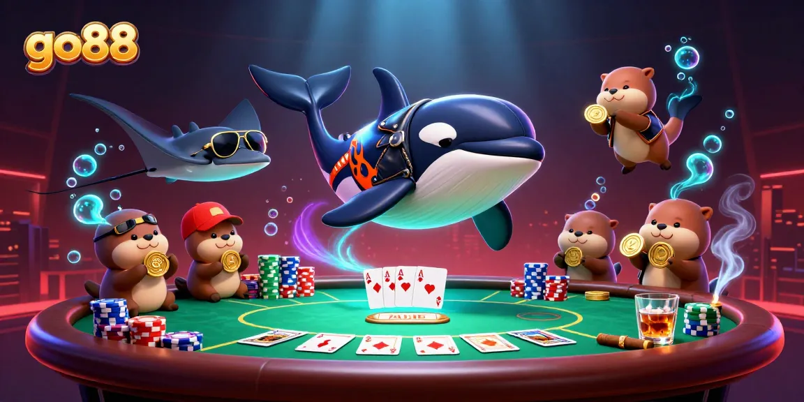 Engage in exciting gameplay at go88 with a vibrant underwater casino scene featuring animated characters.