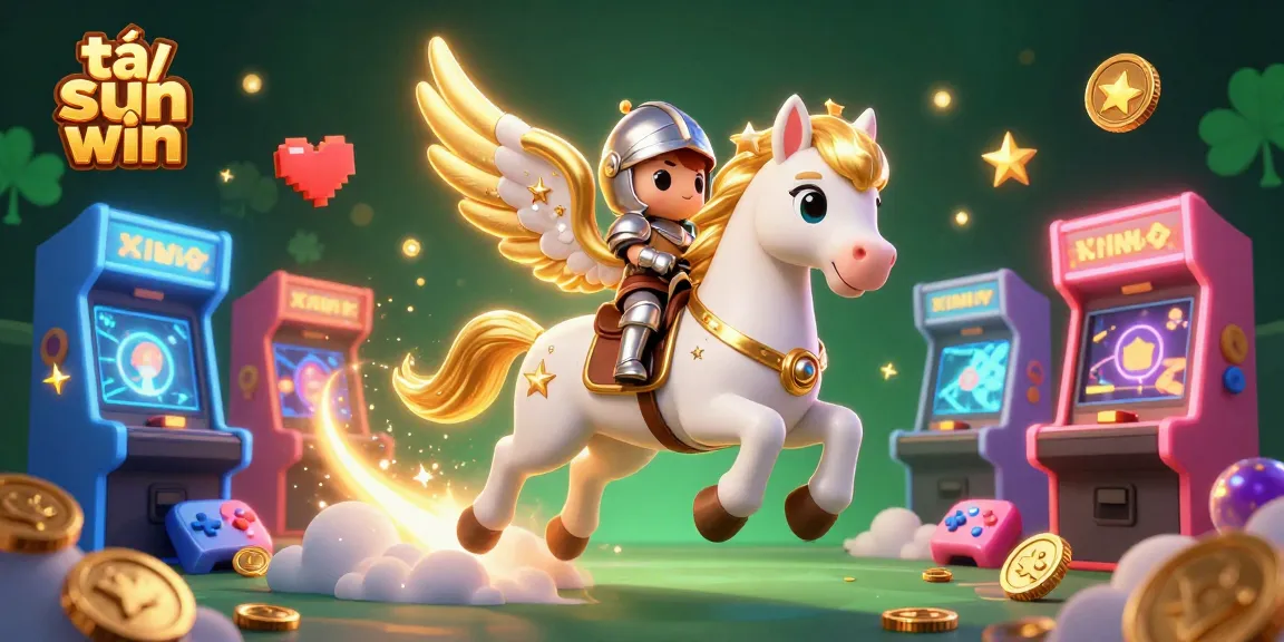 Tải sun win features a vibrant 3D illustration showcasing a magical white horse and knight in a dynamic casino scene.