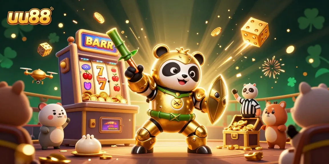 uu88 gaming scene featuring a golden panda in a mech-suit amidst slot machine jackpots and party atmospheres