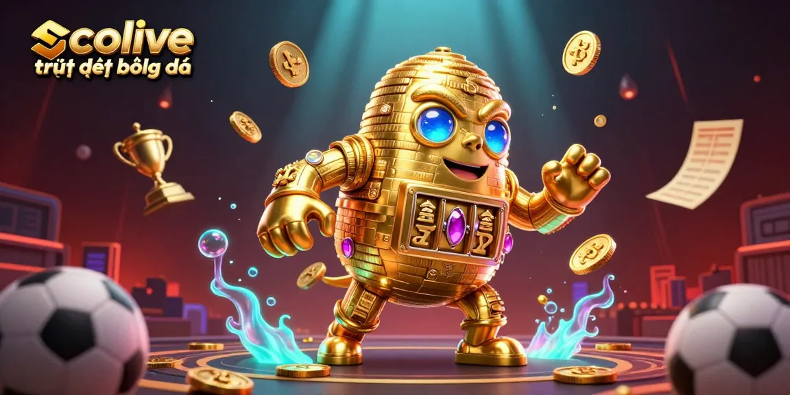 Socolive trực tiếp bóng đá showcases an engaging 3D golden golem with sports elements, delivering thrilling sports betting experiences.