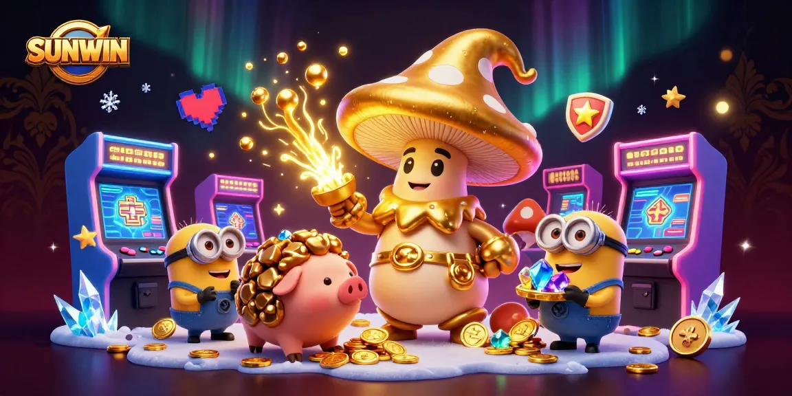 SUNWIN's golden mushroom wizard with glowing arcade games, treasure hunting action, and vibrant colors.