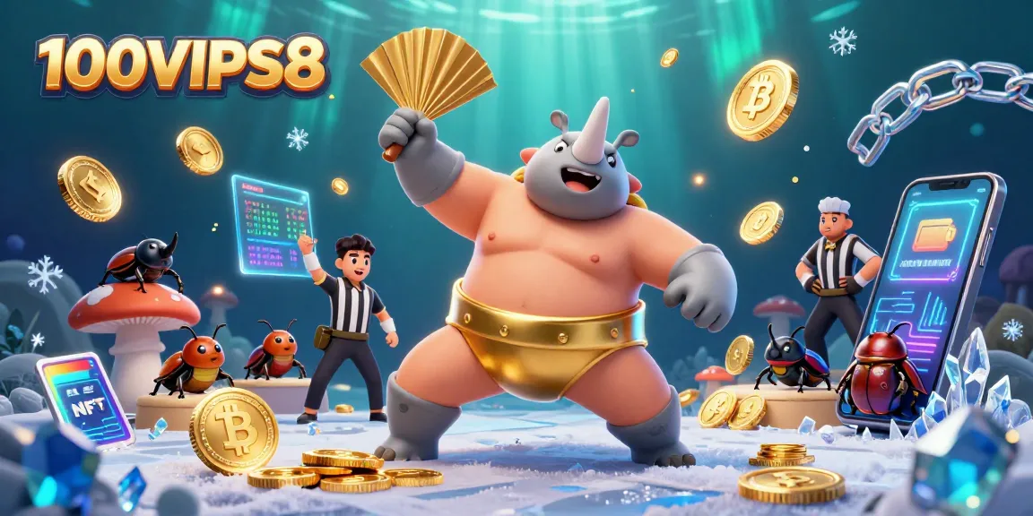 100VIPS8 features a dynamic scene with a rhinoceros beetle sumo champion, golden coins, and cryptocurrency elements, capturing online gambling excitement.