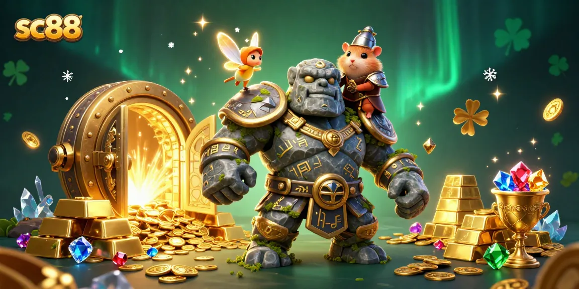 Experience thrilling jackpots with sc88's magical golem guardian and treasure, surrounded by sparkling gems.