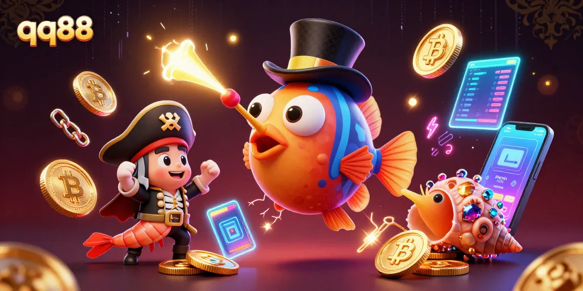Win big with qq88 in this vibrant underwater casino scene featuring playful sea creatures and crypto elements.