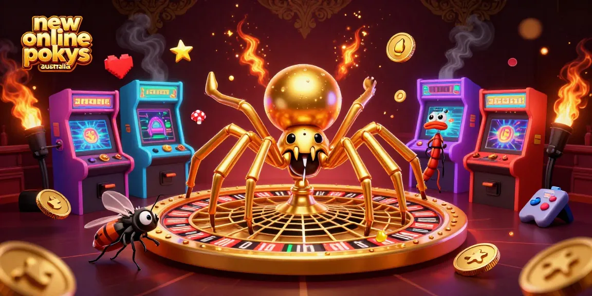 Engage with new online pokies Australia featuring a spider dealer spinning a roulette web.